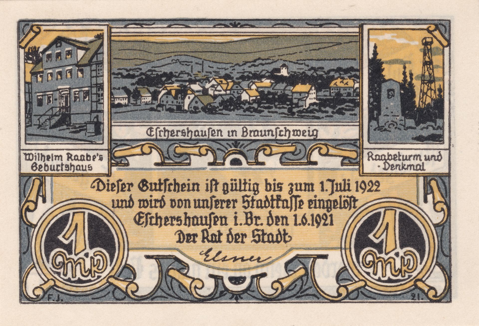 Notgeld der Stadt Eschershausen, Frontseite des 1-Mark-Scheins 1921